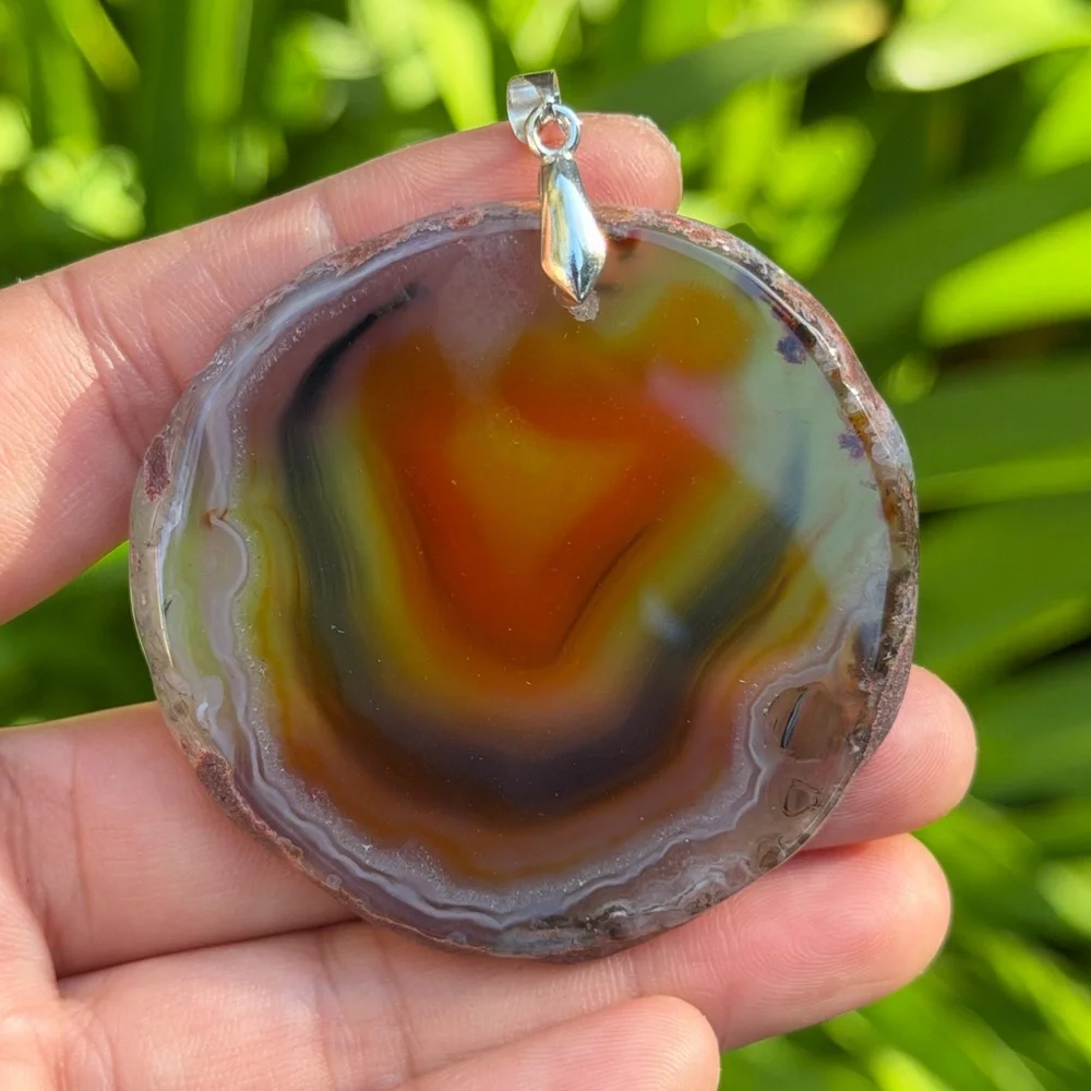Sterling silver 925 stamped red brown banded agate pendant 0728‎